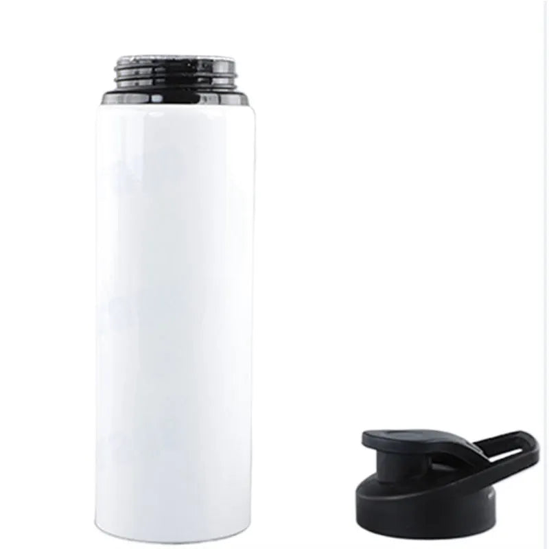 White aluminium sports water bottle for cycling with screw-on lid, shown in 600ml and 750ml sizes.