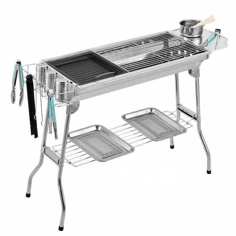 Stainless steel portable folding barbecue grill oven with grill, shown in its natural metal colour.
