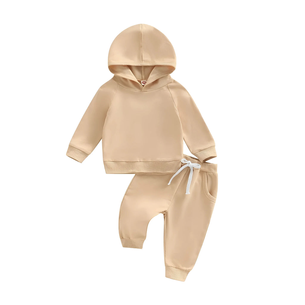 Boys solid colour hooded long sleeve sweater and trousers suit in cotton, available in apricot light brown olive green for 70-110cm height