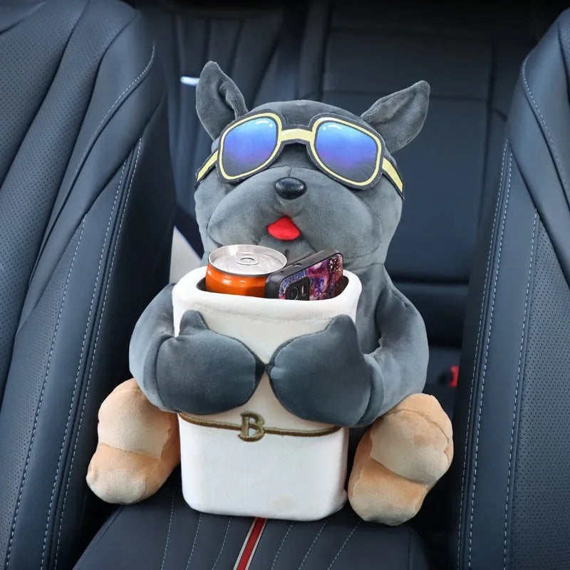 Plush hanging car tissue box for vehicle armrest with canine design options