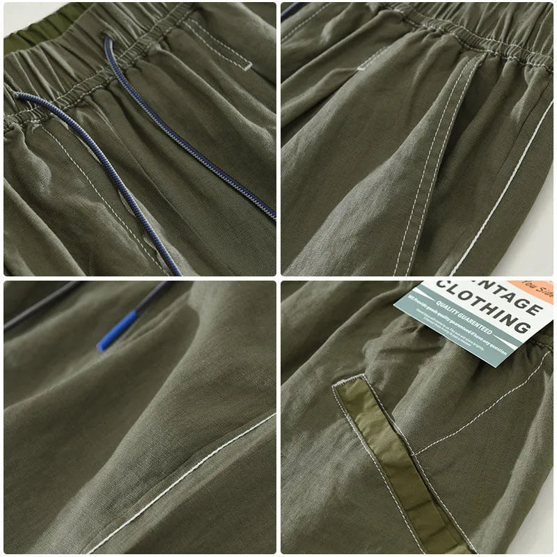 Men's loose fit linen shorts in green on a neutral background