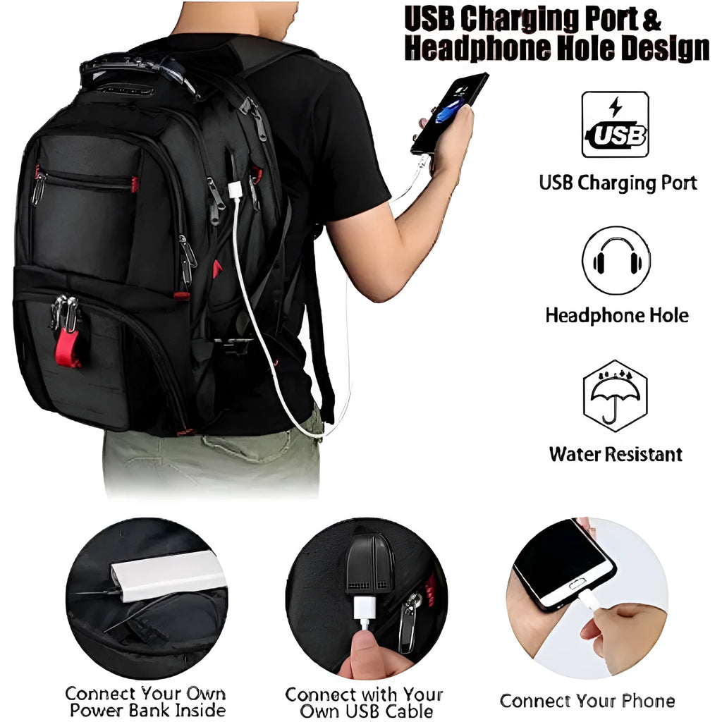 Large black waterproof Oxford cloth USB backpack with curved shoulder straps, shown open.