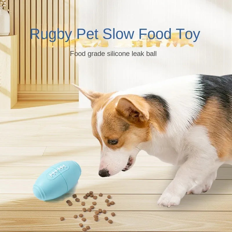 Coloured silicone rugby ball dog chew toy with treat-dispensing holes in blue, pink, purple options