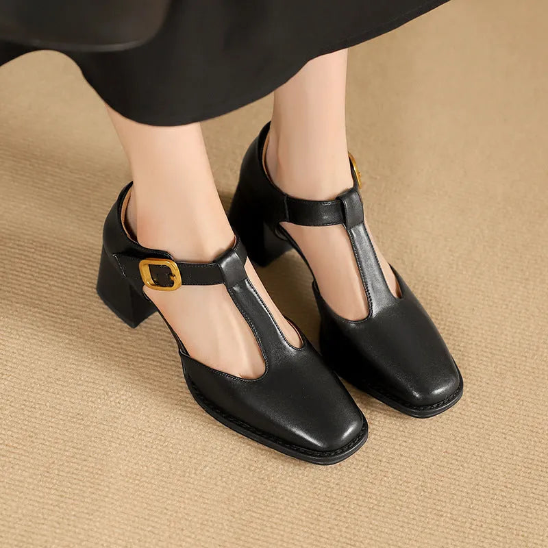 Women's square toe T-buckle hollow sandals in black, high heel 6-8cm, leather upper