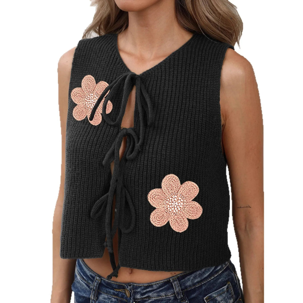Women's army green sleeveless lace-up cardigan vest with bow detail and apricot flower accents.