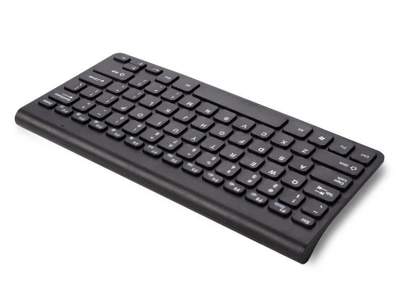 Black and white wireless keyboard and mouse set showing 78-key layout and 4-button mouse design