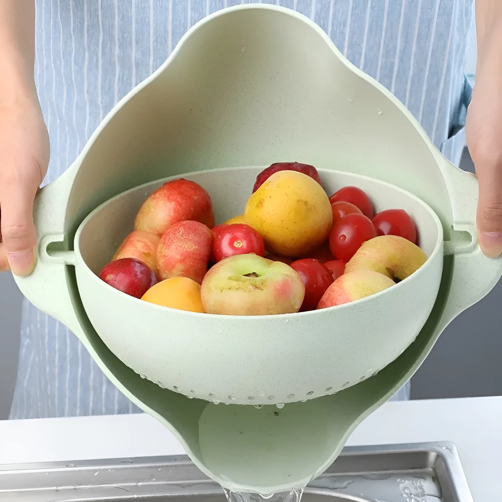 Kitchen plastic double-deck washing basket in blue with sieve insert for draining rice and fruit