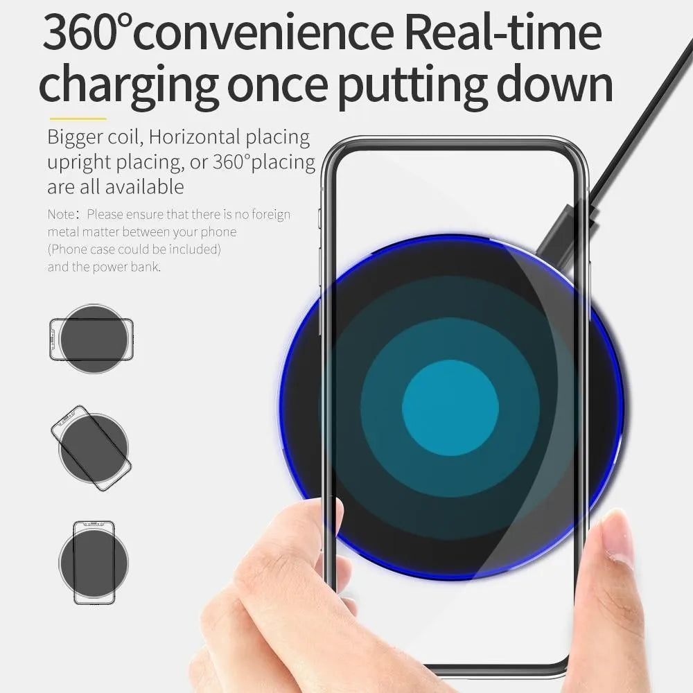 Black ultra-thin wireless fast charging pad measuring 98mm square with USB cable