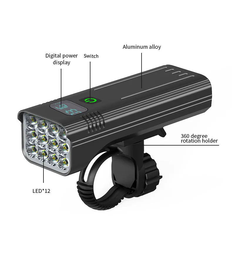 Black KX12DF digital display bicycle headlight mounted on a quick-release bracket with USB cable.