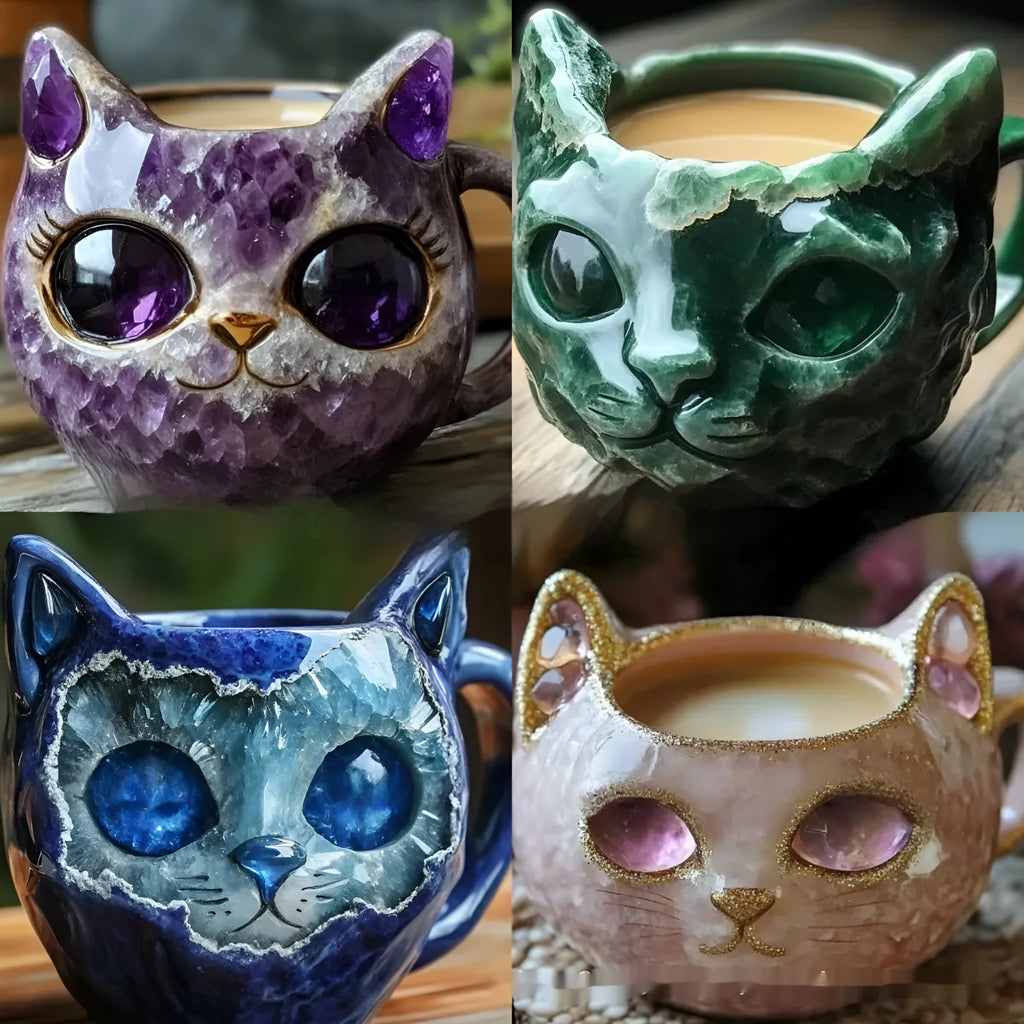 Purple geode resin mug with crystal-like interior and cat-shaped exterior on a wooden surface.