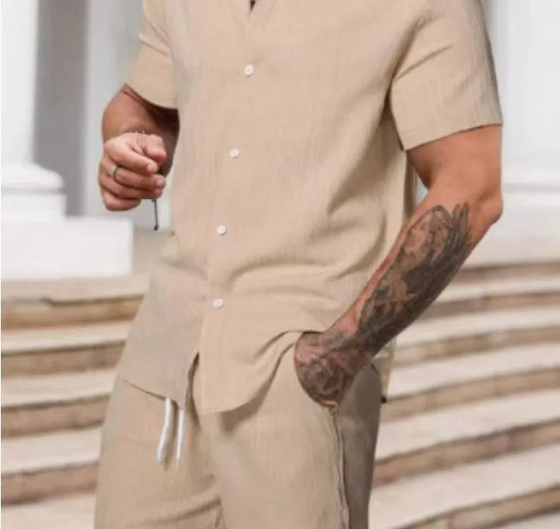 Men's striped casual short sleeve suit set with matching shorts in colour YT50313P1