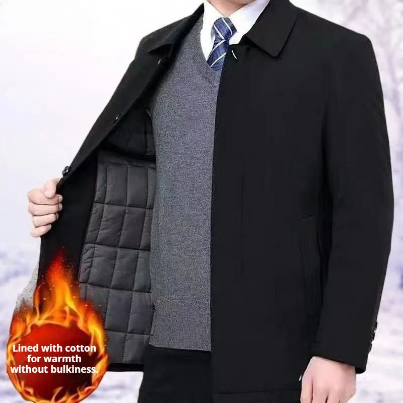 Men's padded thick cotton coat in blue with nylon shell, zip and button front, available in Asian sizes 170 to 190