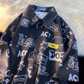 Student loose fit polyester shirt with cartoon animation print in dark blue video game graffiti design