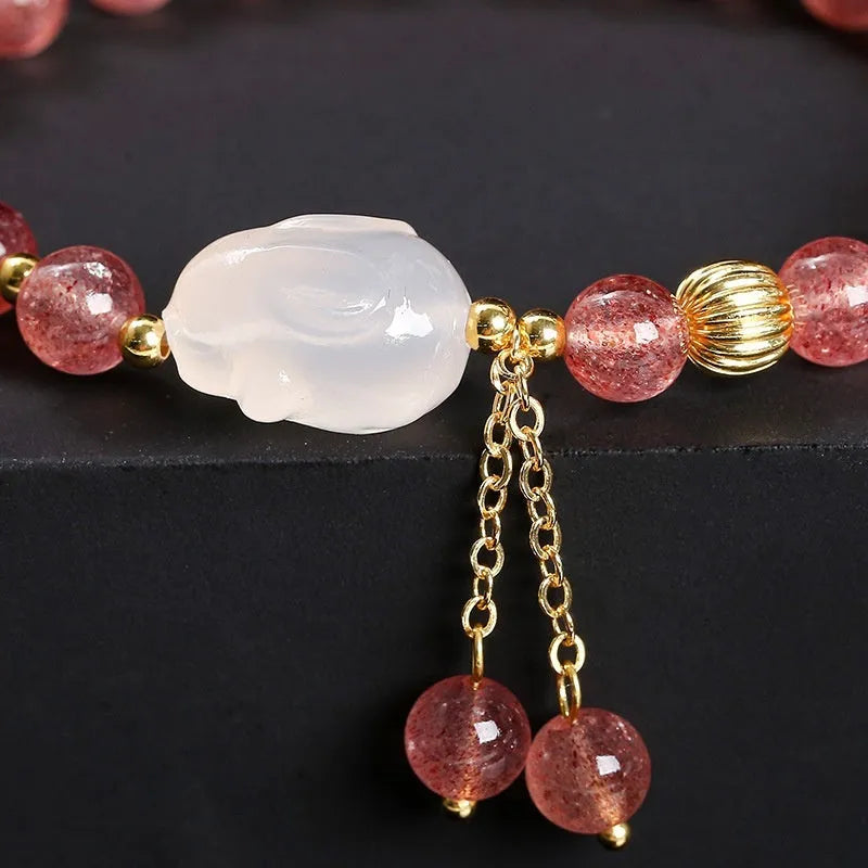 Strawberry quartz agate white rabbit bracelet with 6mm round beads in geometric sweet women's design