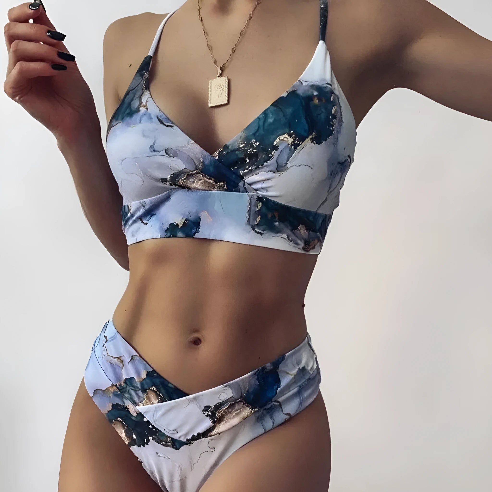 Women's high-waist U-neck separated bikini swimsuit with marble tie-dye printing