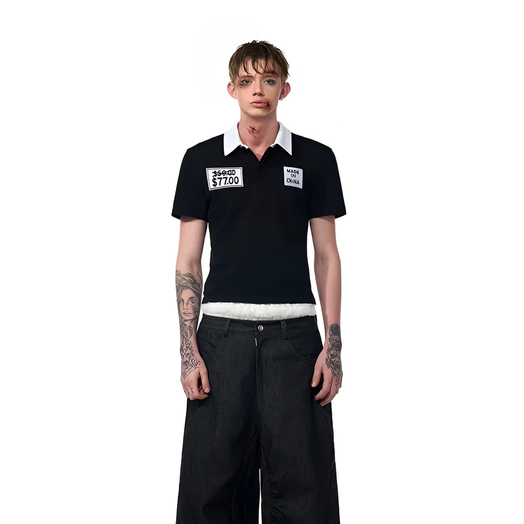 Black slim fit men's polo shirt with embroidery design and short sleeves