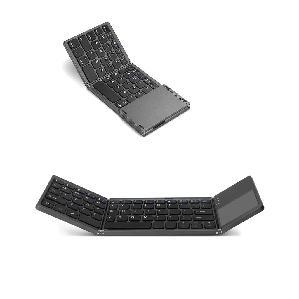 Black tri-fold Bluetooth keyboard shown unfolded next to folded silver version
