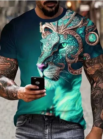 Men's 3D lion printed polyester t-shirt showing detailed graphic design on front