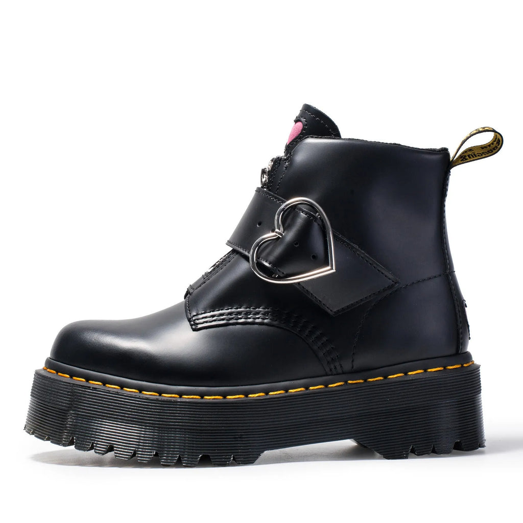 Women's black leather Martin ankle boots with side zipper, thick heel, belt buckle and waterproof platform