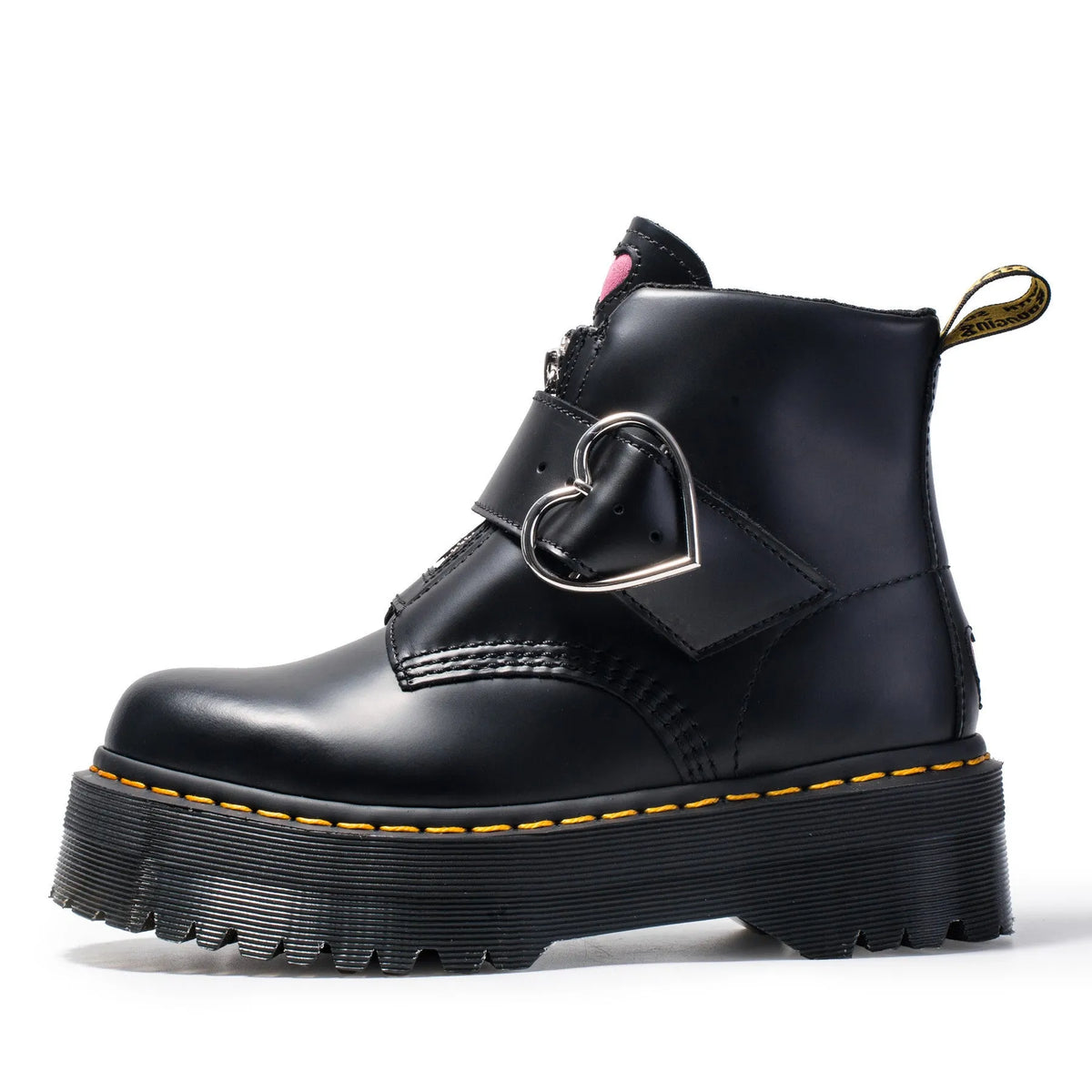 Women's black leather Martin ankle boots with side zipper, thick heel, belt buckle and waterproof platform