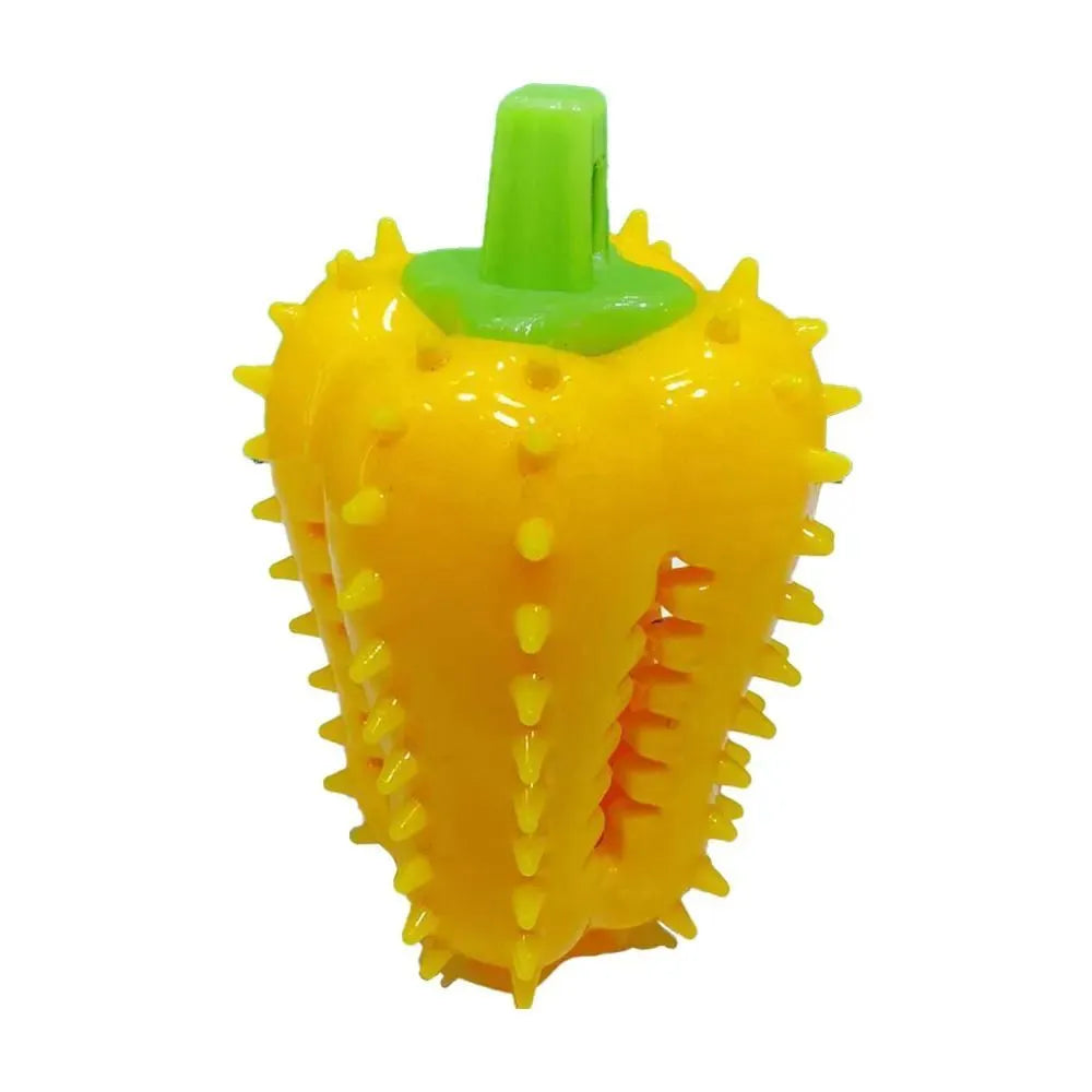Interactive dog teething chili chewers toy in green, red, and yellow; non-toxic TPR rubber, 10x5.2cm