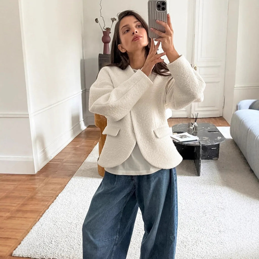 Women's thick woolen coat solid white with raglan sleeves loose fit commuting style 100% polyester