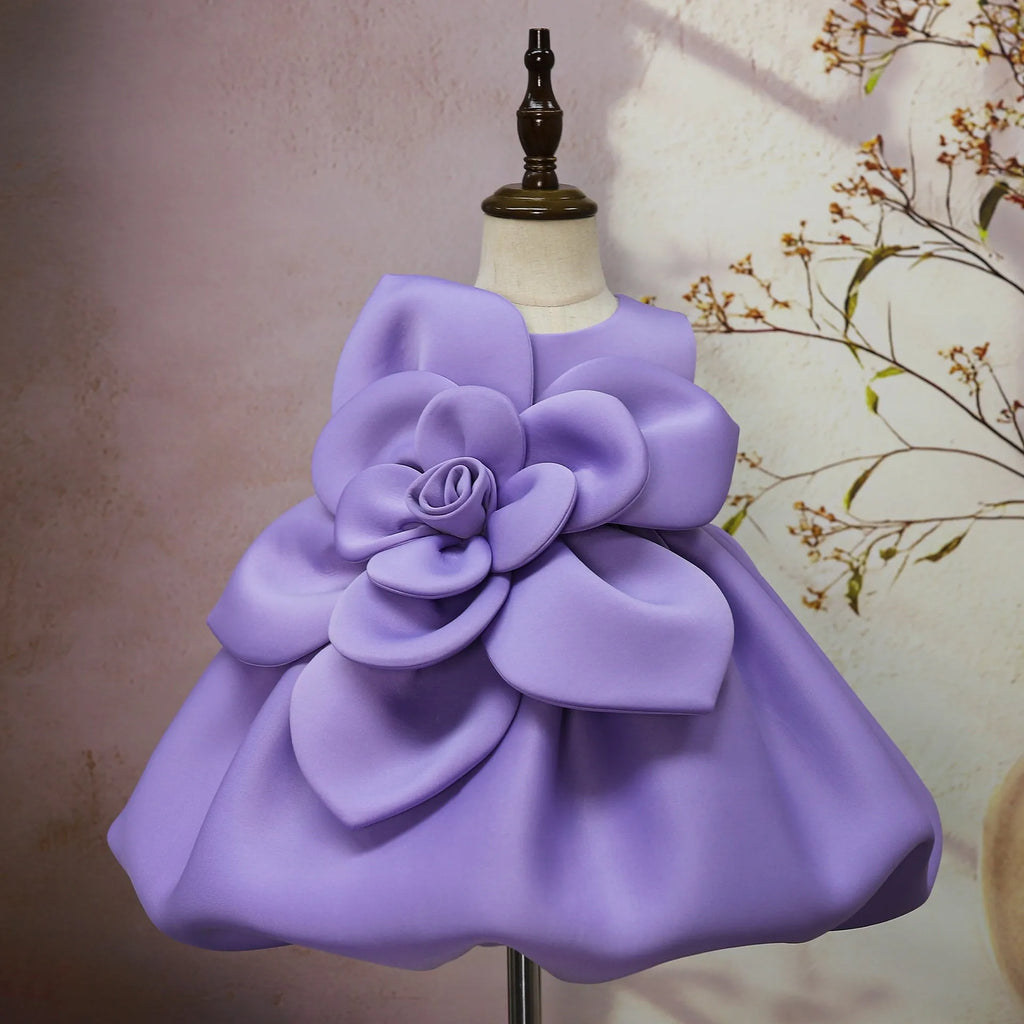 Girls purple floral dress with big flower pattern, acetate fibre, sizes 90cm to 130cm