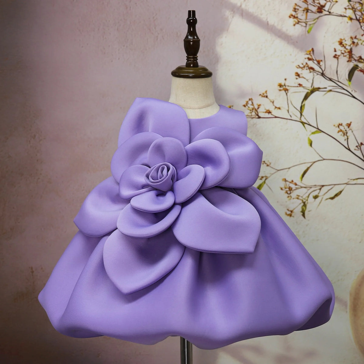 Girls purple floral dress with big flower pattern, acetate fibre, sizes 90cm to 130cm