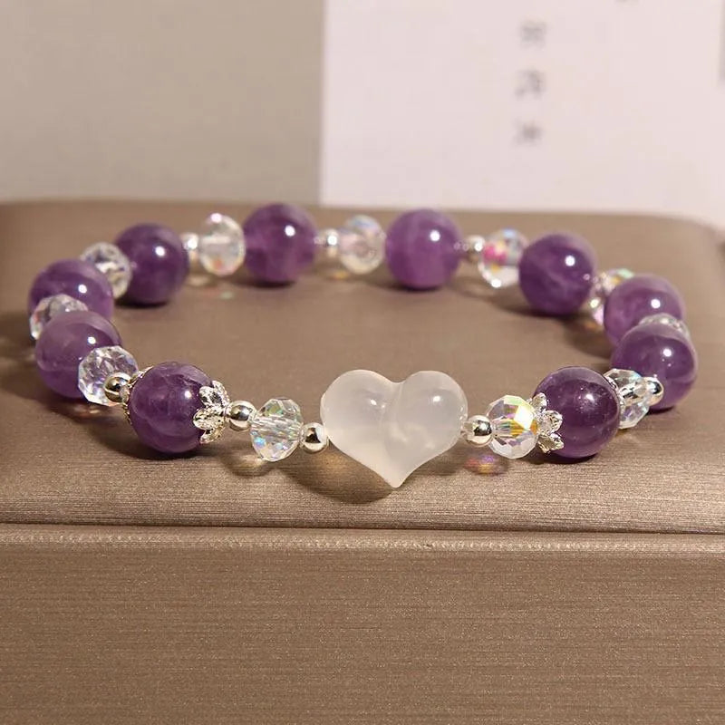 Natural amethyst bracelet with white agate love heart crystal beads light luxury women's accessory