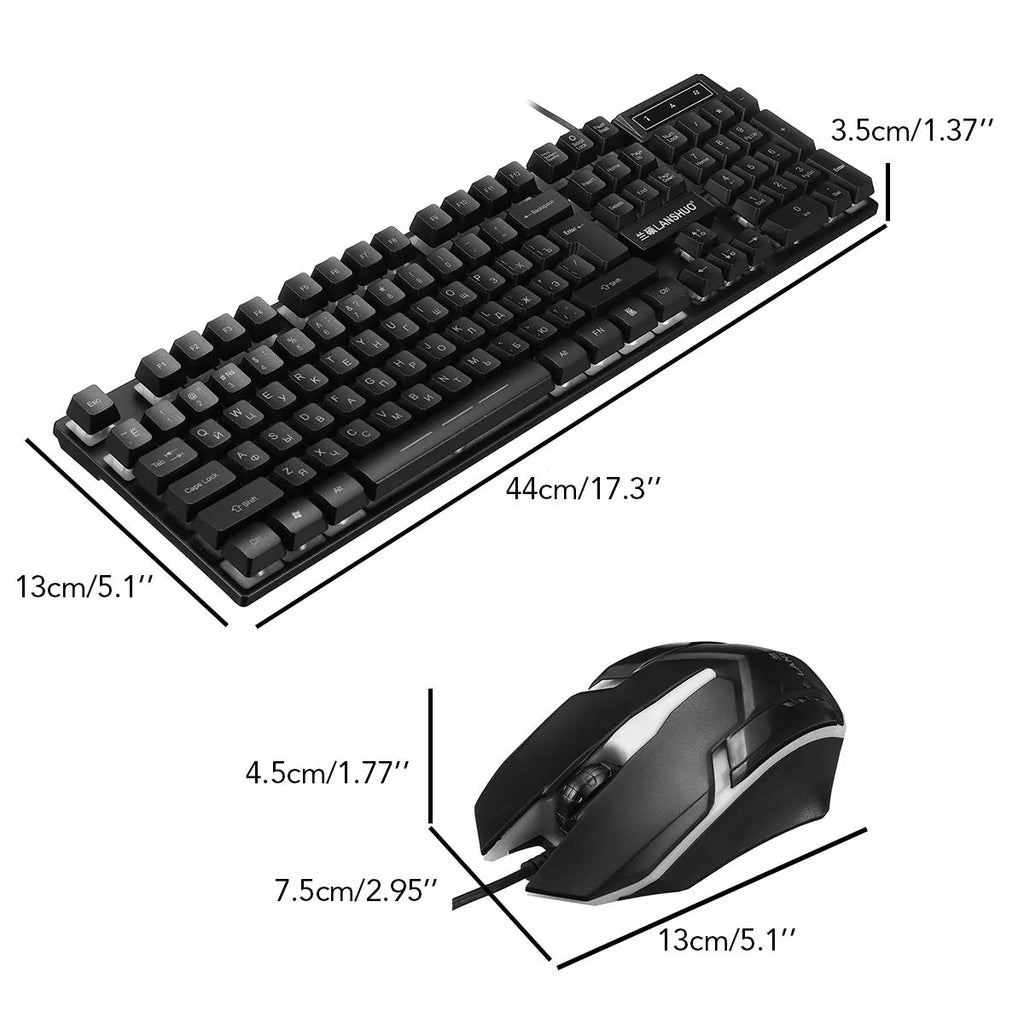 Russian USB wired backlit keyboard and mouse set in black with multimedia keys and cable
