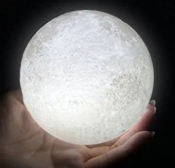 3D printed moon lamp on wooden stand showing lunar surface details with touch control ring
