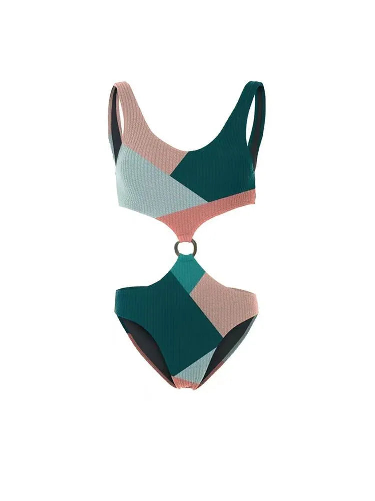 Women's two-piece bikini set with a matching mesh gauze skirt in contrast colours.