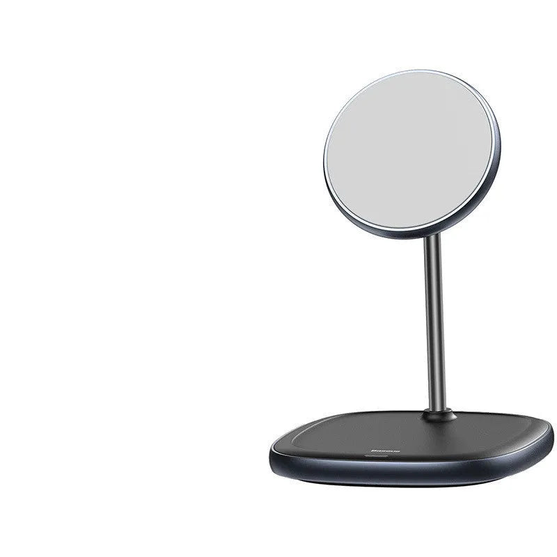 Black magnetic wireless charging stand for iPhone 12 series on desk with Type-C cable