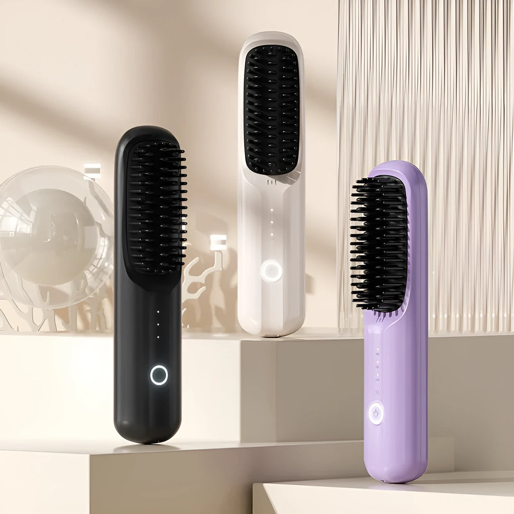 Beige wireless ionic hair straightening comb with Type-C charging port