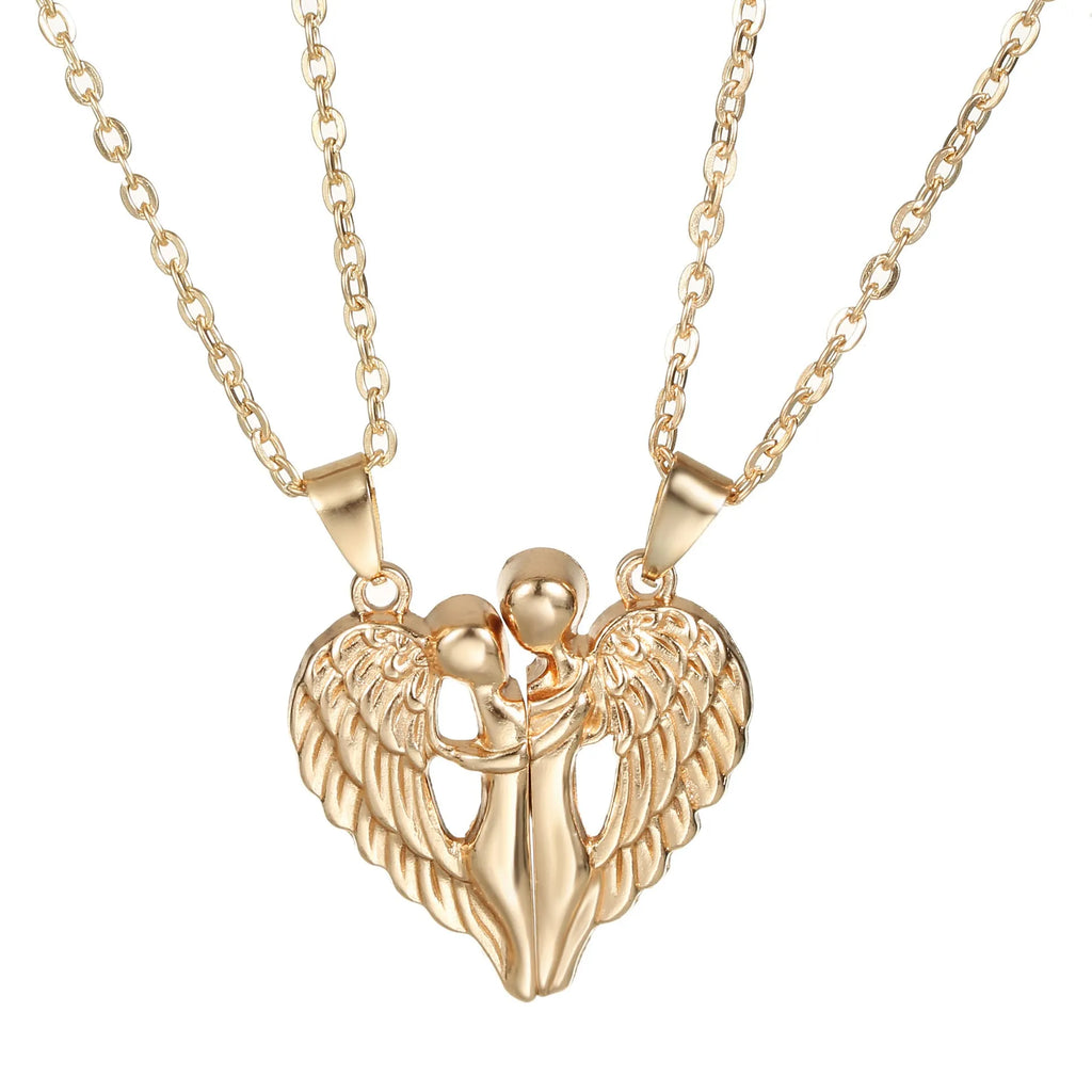 Angel wings hug necklace with heart-shaped alloy pendant, cross chain, magnetic clasp, 51-60cm perimeter