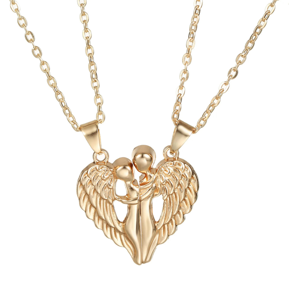 Angel wings hug necklace with heart-shaped alloy pendant, cross chain, magnetic clasp, 51-60cm perimeter