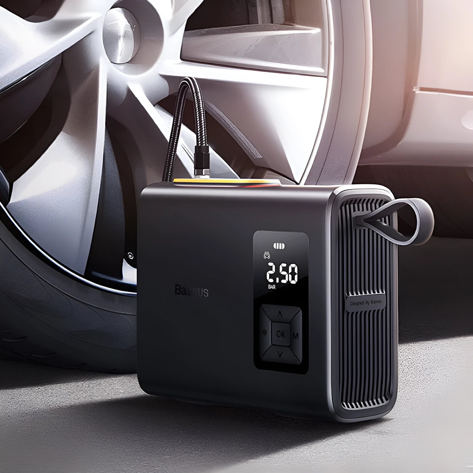 Black portable wireless car tyre inflator with digital display and air hose