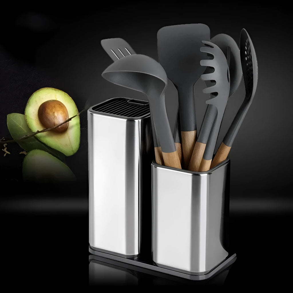 Black and white kitchen tool holder with detachable bottom for cutlery and knife storage