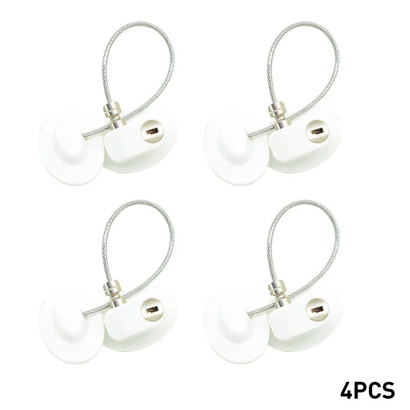 White window security chain lock with 18cm steel cable and locking head on a window frame