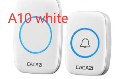 Wireless doorbell system with plug-in receiver and push button transmitter showing colour options