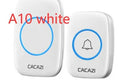 Wireless doorbell system with plug-in receiver and push button transmitter showing colour options