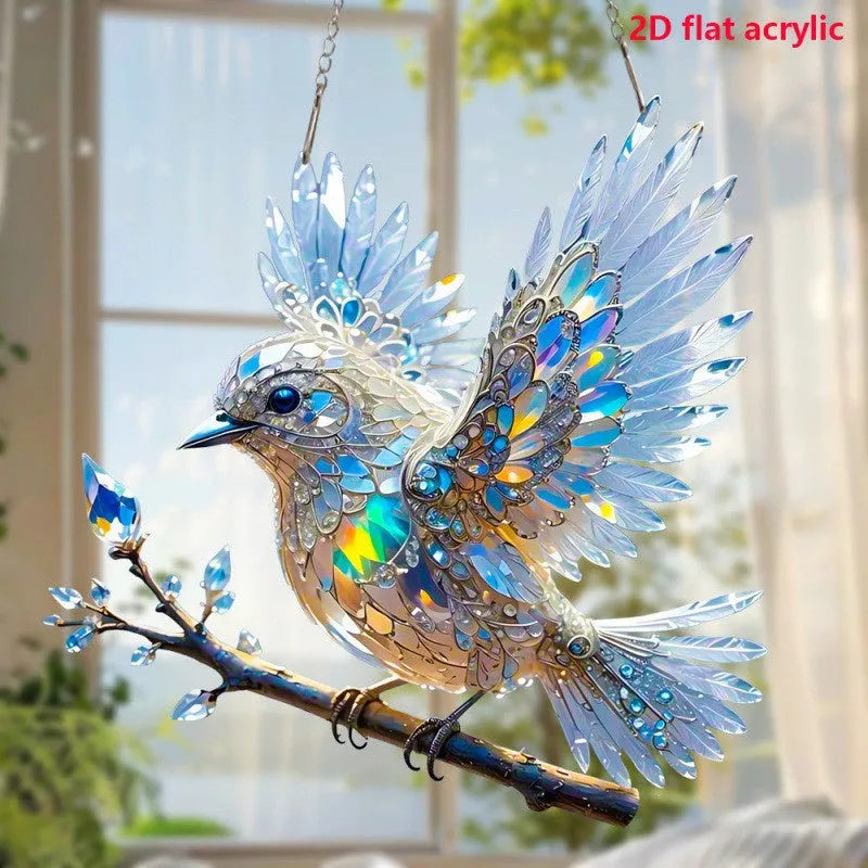 Cartoon style bird pendant ornament printed on acrylic square with colourful holiday design