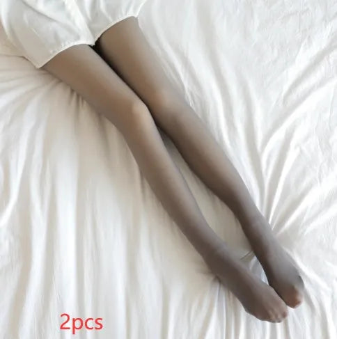 Fake translucent fleece lined tights for women, high waist, plus size, three thicknesses, black skin colour with feet