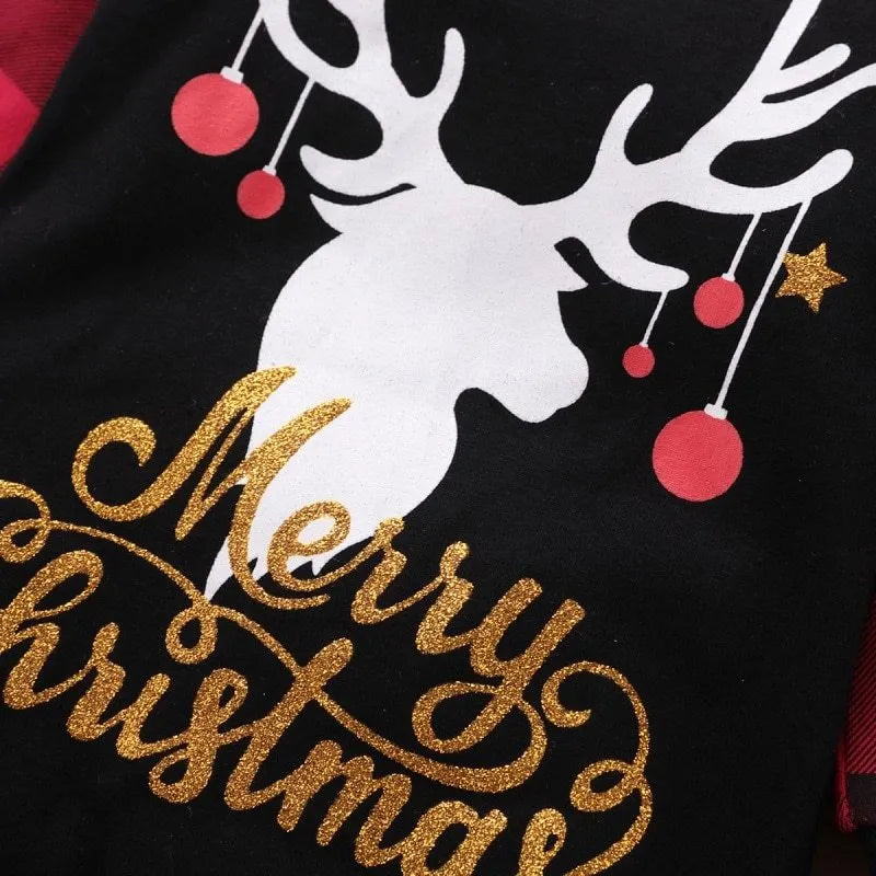 Red plaid Christmas romper with elk design for baby, long sleeves, cotton fabric, available in sizes 70cm to 100cm