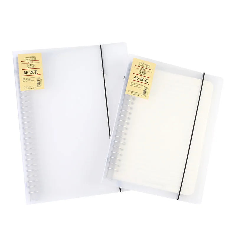 A5 26-hole binder notebook with PP matte cover showing two-ring binding mechanism and horizontal lined pages