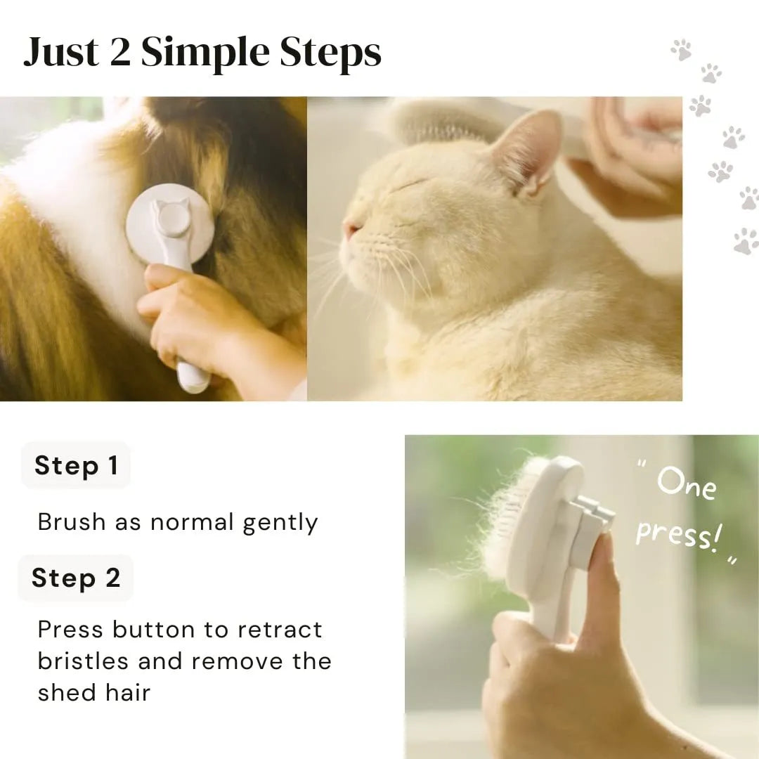 Blue self-cleaning slicker brush for dogs and cats with rubber handle and stainless steel pins.