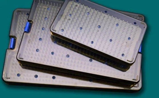 Silicone disinfection box for UV steriliser units in large, medium, and small sizes.