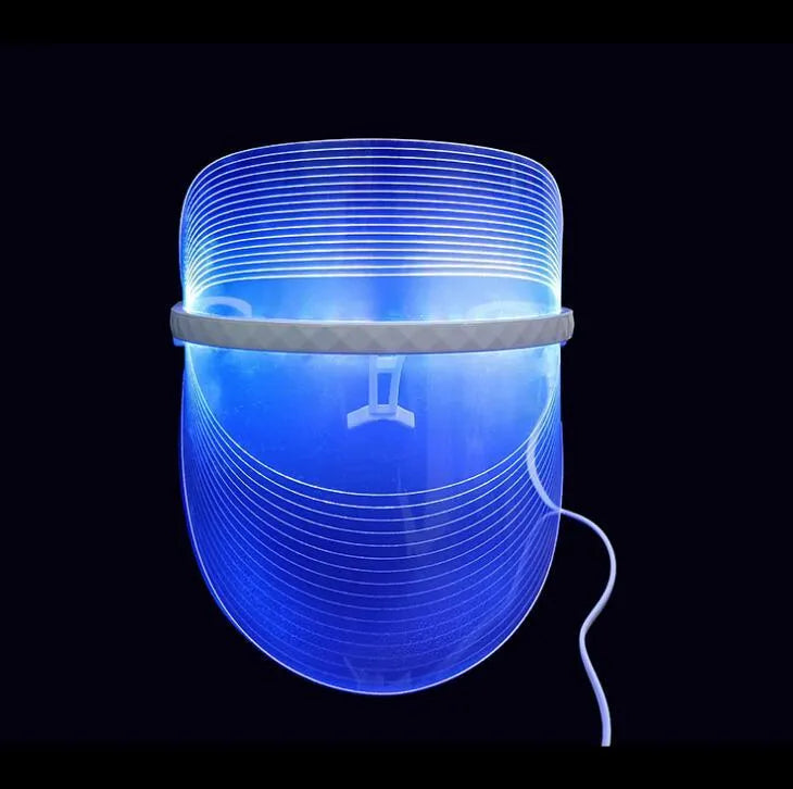 Transparent ABS LED light therapy face mask with red, blue, and yellow lights, 210x175x140mm, 83g, USB phone connection.