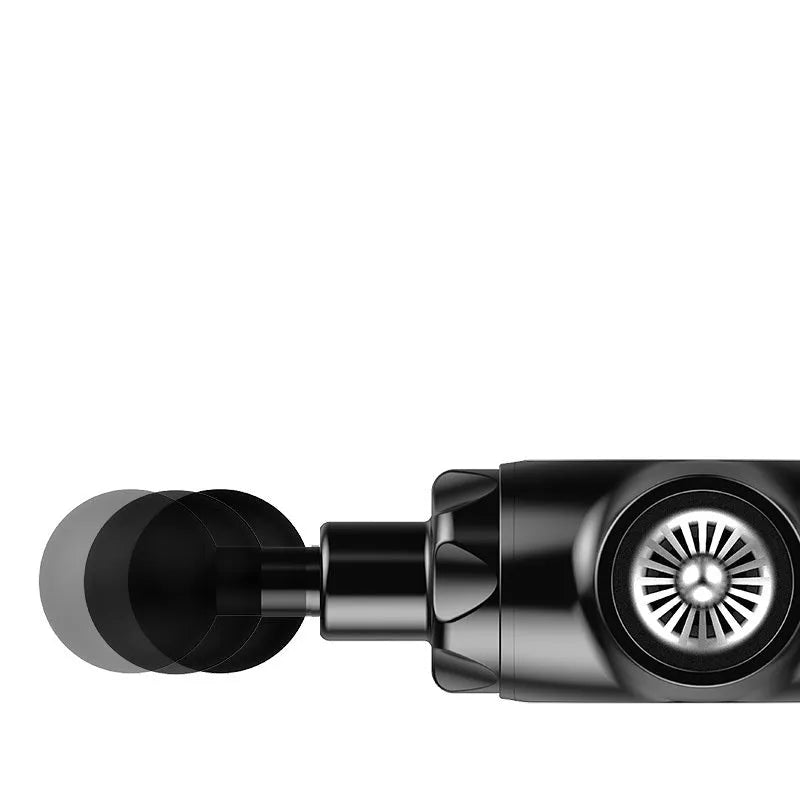 Black and white muscle massage gun with adjustable speed settings for muscle relaxation.