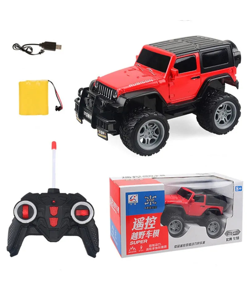 Children's four-way remote control car in green SUV style with flashing lights on a white background